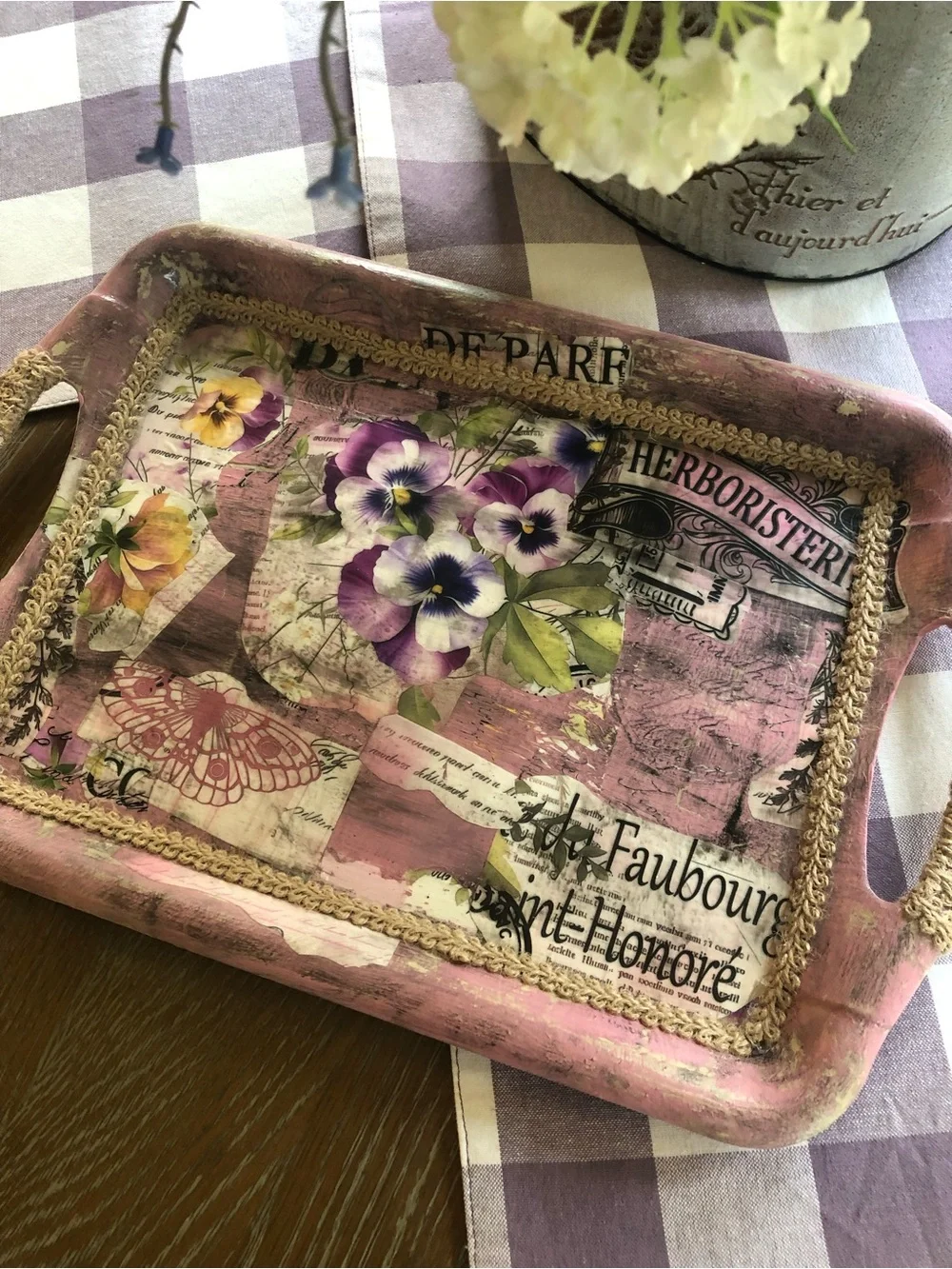 Pink Floral Decorative Vanity Tray with Rope Handles